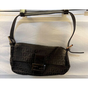Vintage Fendi Black Zucchino FF Monogram Canvas Mini Mamma Baguette Shoulder Bag